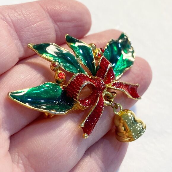 Christmas Brooch Goldtone Red & Green Enamel Festive Holly Sprig & Bell Pin - Picture 3 of 7